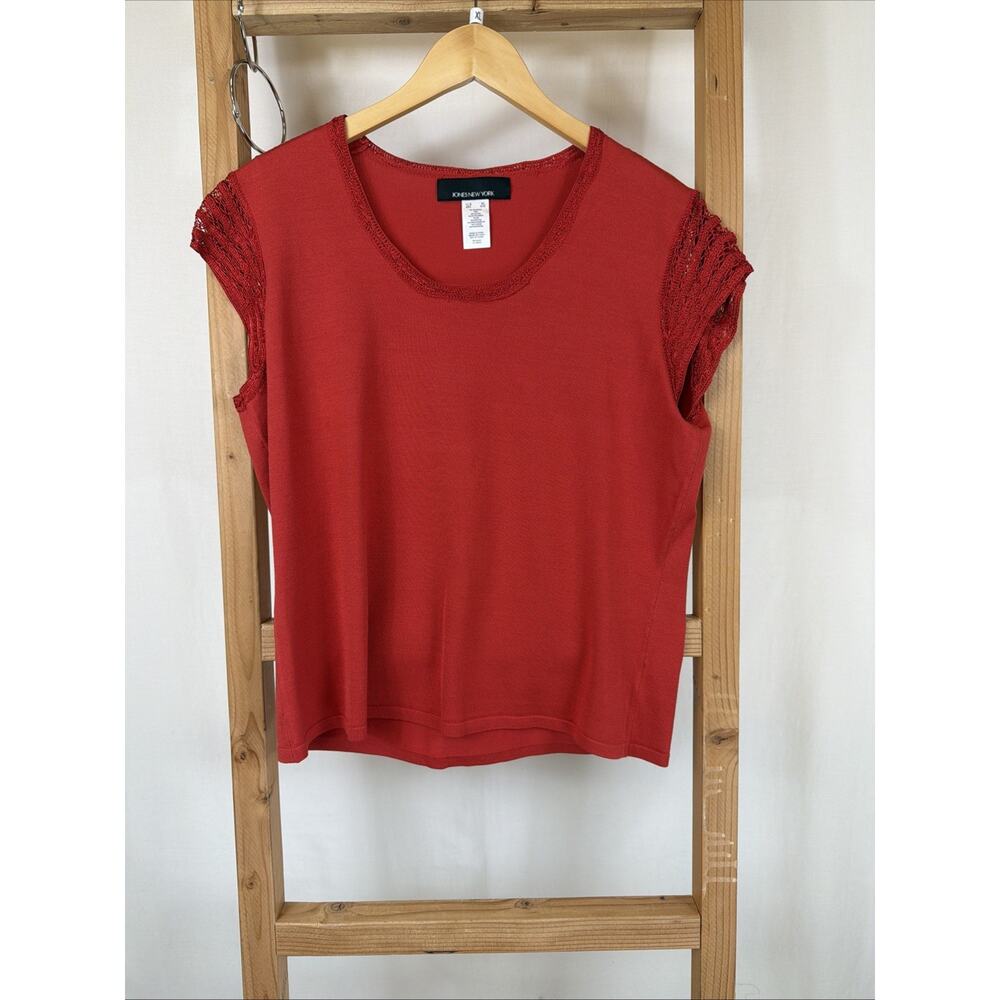 NWT Vintage Jones New York Red Scoop Neck Crochet Collar Sleeve Top #1228 XL